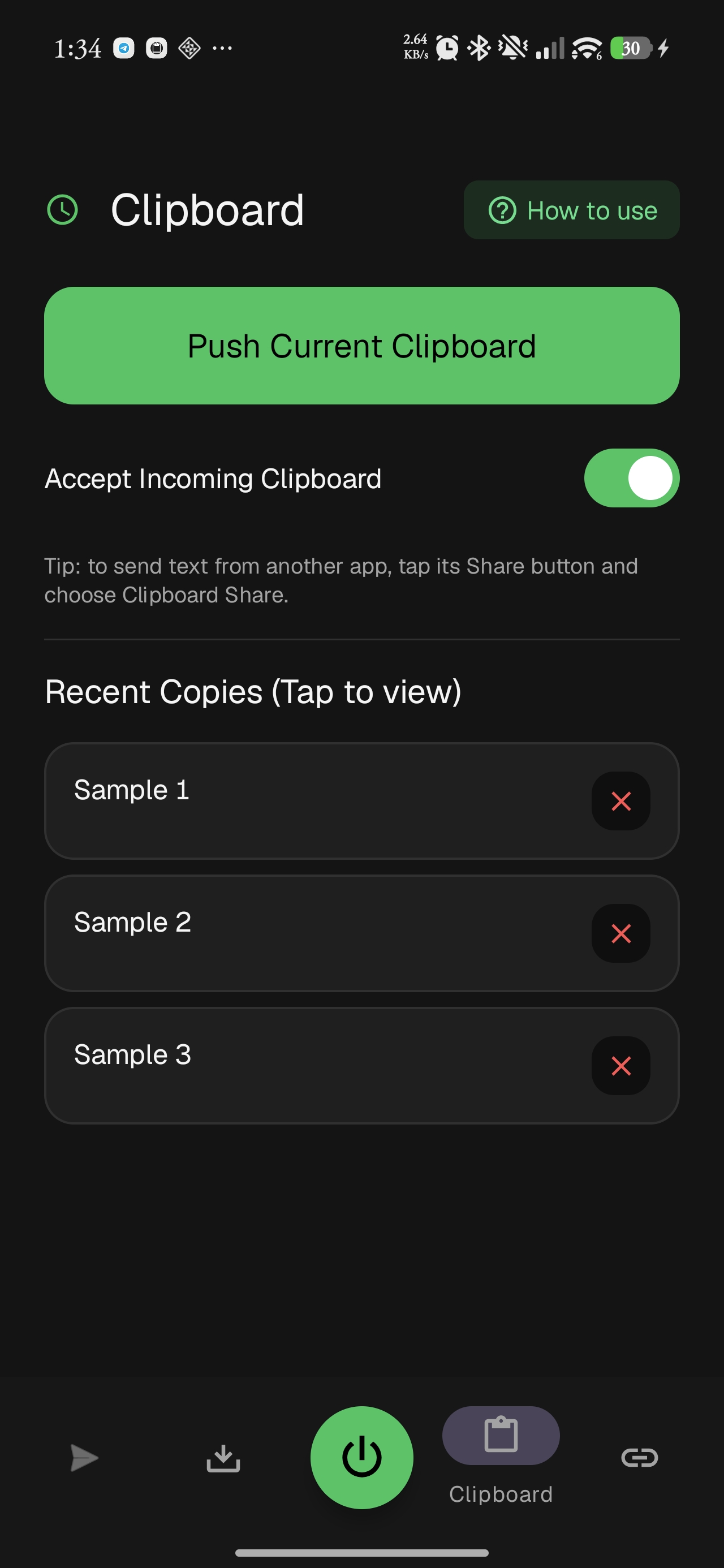 Clipboard Share on Android — Clipboard tab with Push Current Clipboard and recent copies