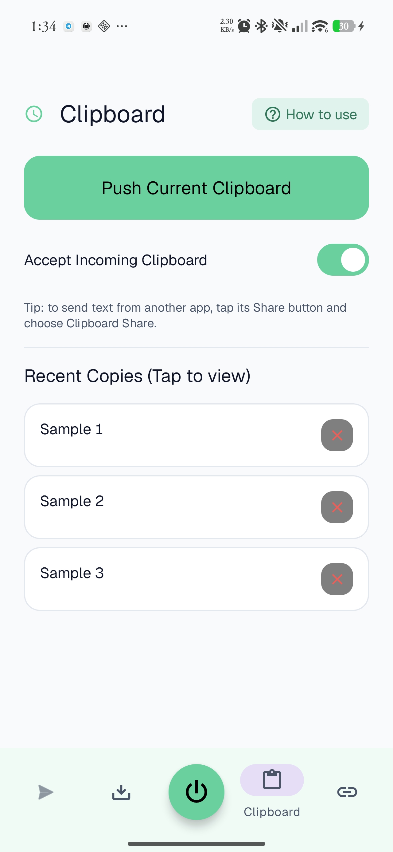 Clipboard Share on Android — Clipboard tab with Push Current Clipboard and recent copies