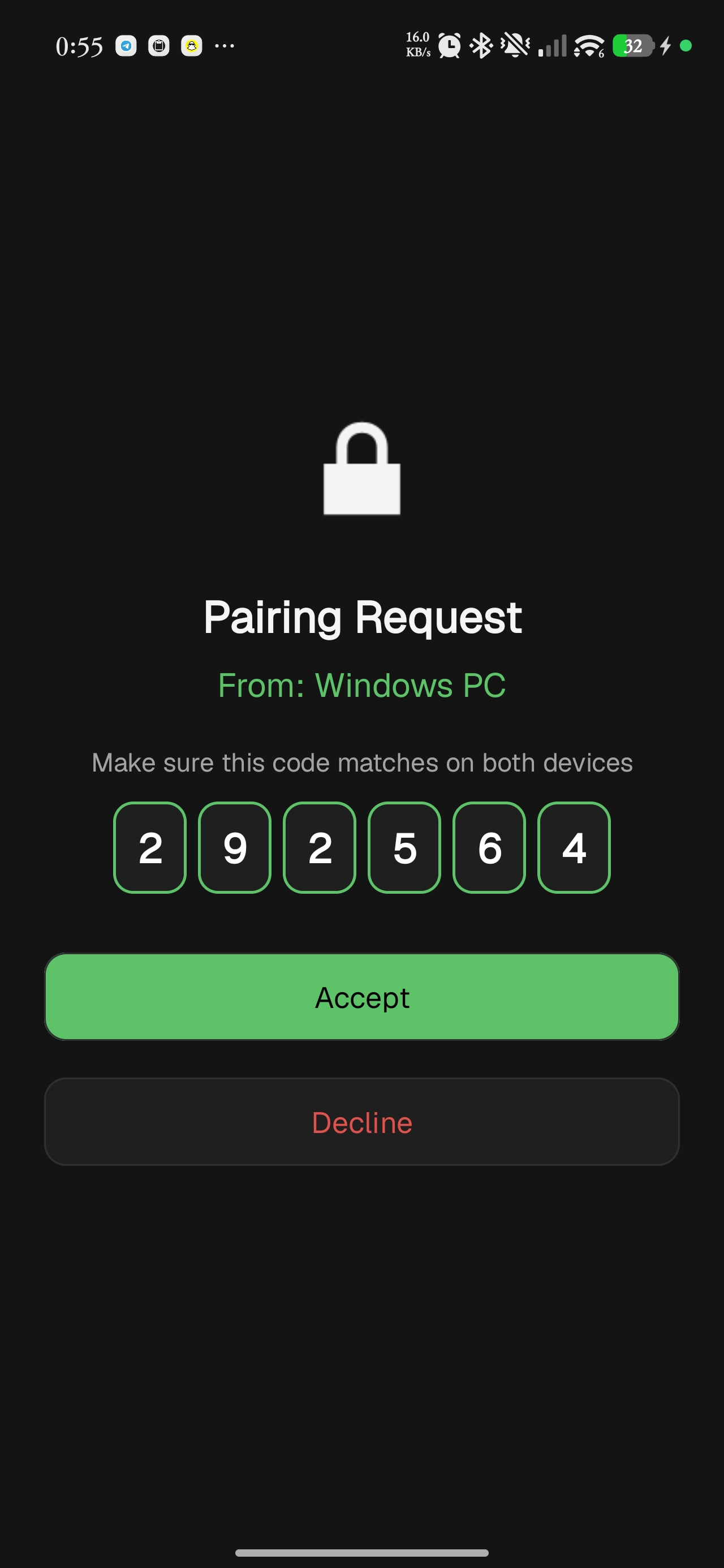 Android pairing request showing a 6-digit code to verify on both devices, with Accept and Decline