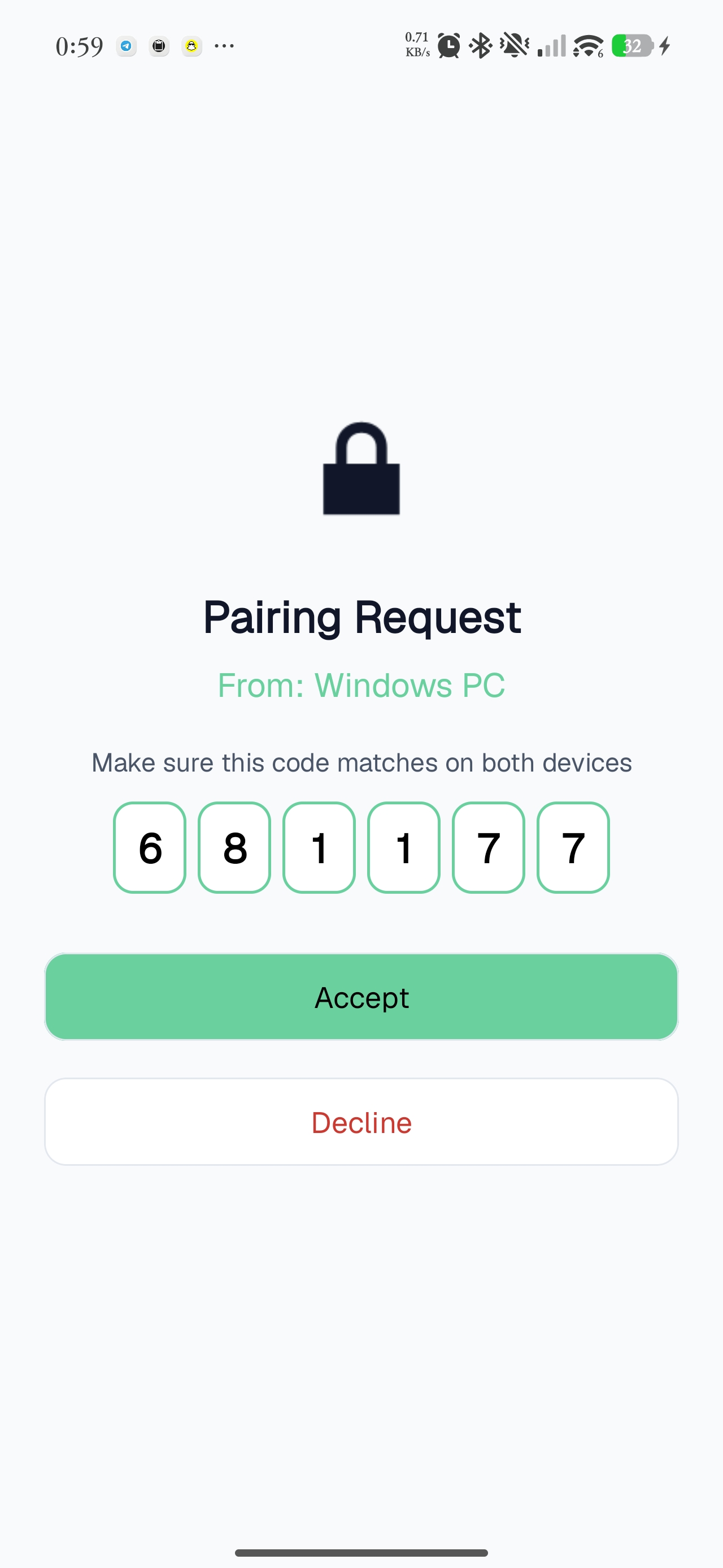 Android pairing request showing a 6-digit code to verify on both devices, with Accept and Decline