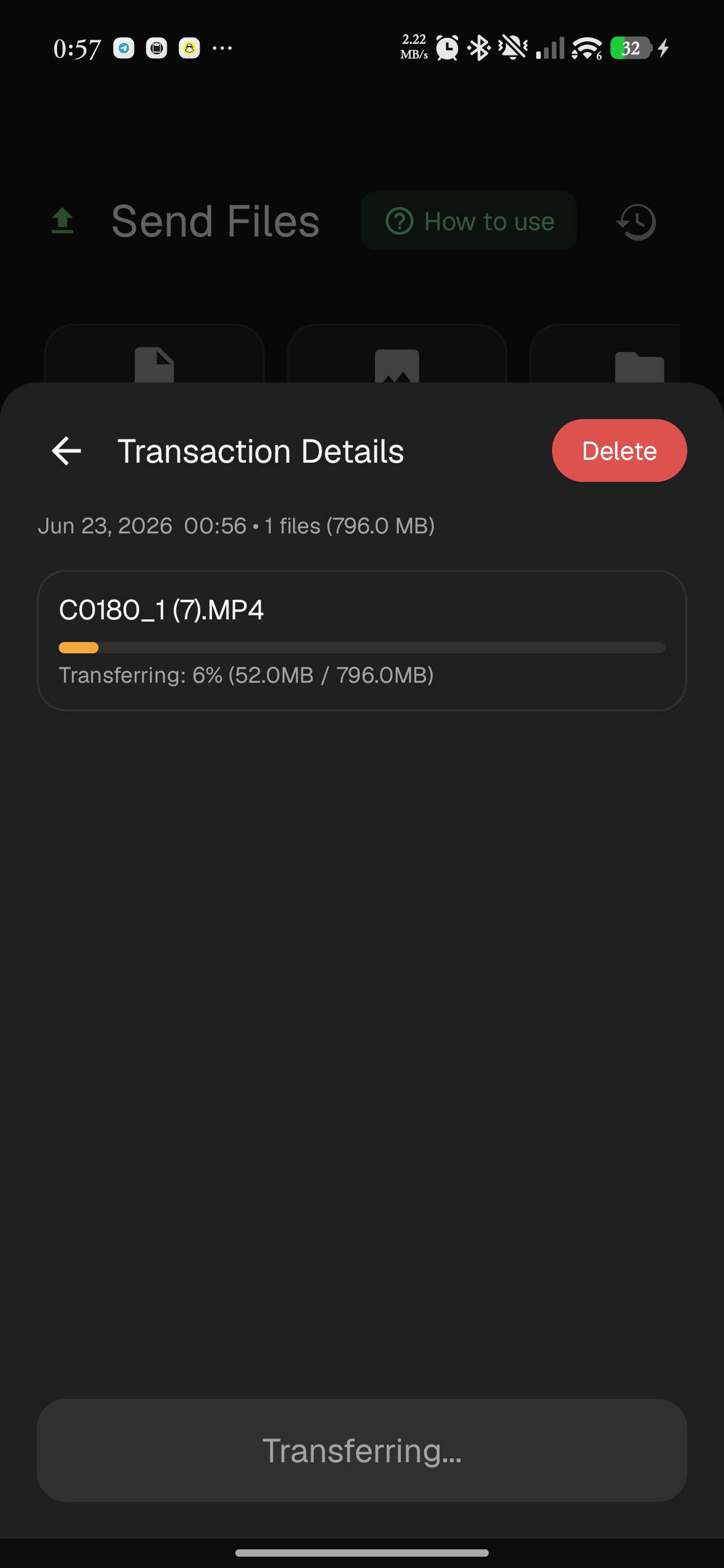Android transfer in progress showing percentage and size transferred