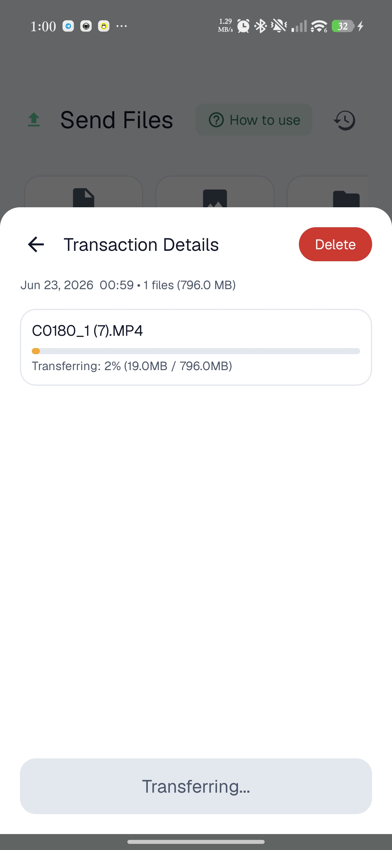 Android transfer in progress showing percentage and size transferred