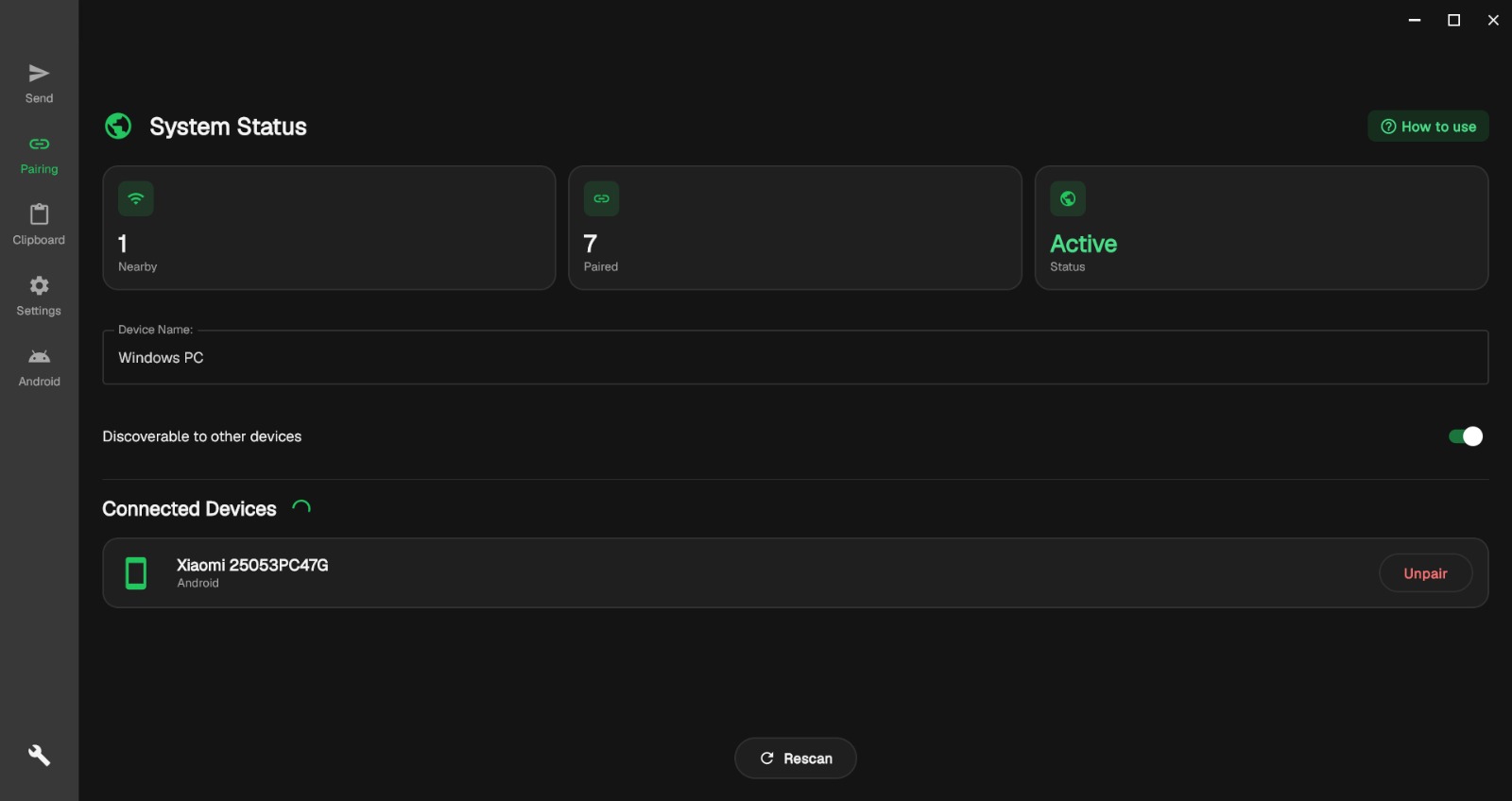 Clipboard Share on Windows — System Status showing paired devices